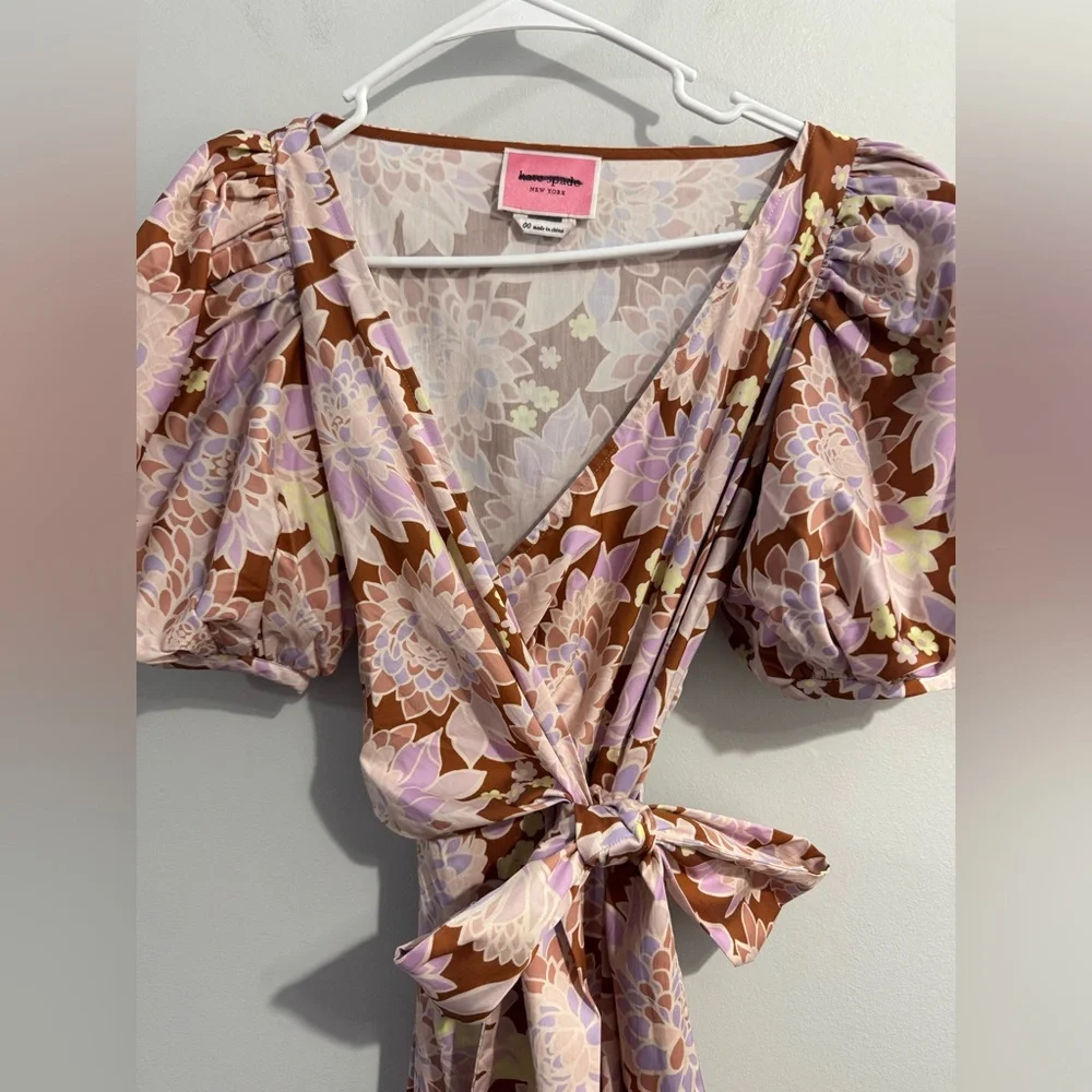 Kate Spade New York Exotic Bloom Poplin Maxi Wrap Dress Floral Puff Sleeve 00